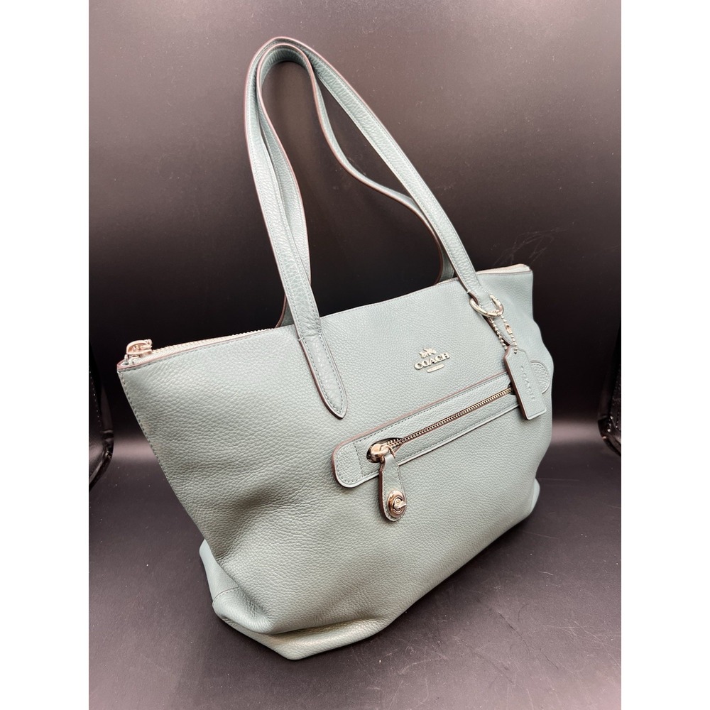 Coach Pebble Leather Taylor Tote Shoulder Bag Aqua Blue Authentic - Picture 2 of 15